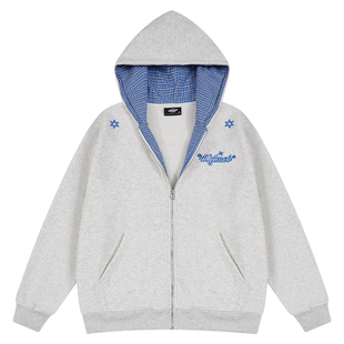 404MOB格纹撞色加绒加厚连帽卫衣男女秋冬季情侣开衫外套miu上衣