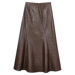 【博主同款】佧茜文气质鱼尾半身裙2025冬新款通勤简约拼接皮裙女