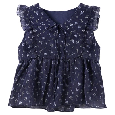 荷叶边设计感飞飞袖短袖T恤女2025夏季新款蓝色碎花时尚气质上衣