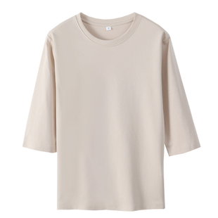春夏新款100%纯棉七分袖圆领T恤女薄款中袖打底衫宽松短袖棉上衣