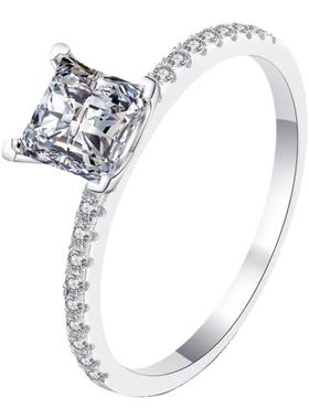 18k铂金进口D色莫桑石PT950公主方四爪方形微镶排戒轻奢气质戒指