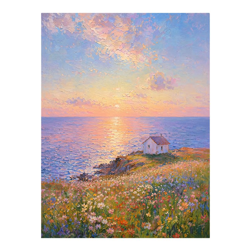 油画海边花海浴室卫生间磨砂玻璃贴膜透光不透人窗户防窥膜可定制