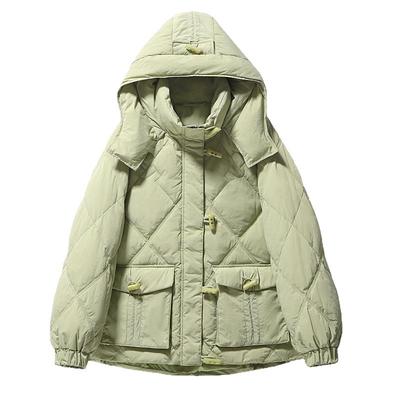 宛宛大码女装冬季新款胖mm白鸭绒牛角扣气质连帽宽松羽绒服外套潮