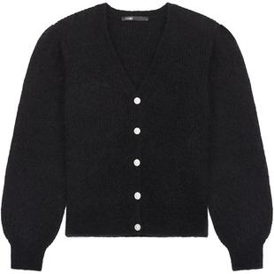 Maje Outlets秋冬女装法式复古慵懒黑色灯笼袖V领短款针织开衫