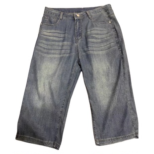 冰丝牛仔短裤男款夏季薄款宽松直筒七分裤男士潮牌天丝休闲中裤子