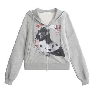 【25年秋】UNIFREEPLUS大码印花美式女连帽短款休闲夹克式外套