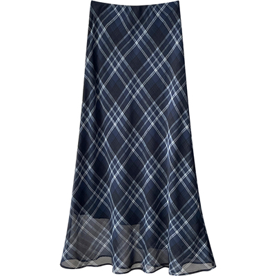 日韩系复古格纹网纱鱼尾半身裙子