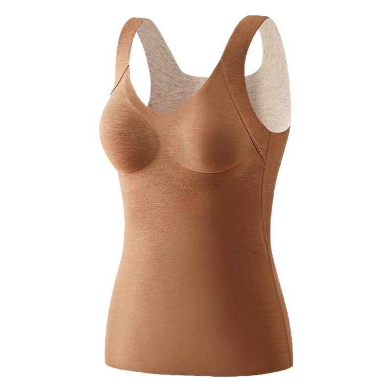 婷美25年秋蚕丝羊毛免穿文胸保暖背心女无痕显瘦美体带胸垫打底衫