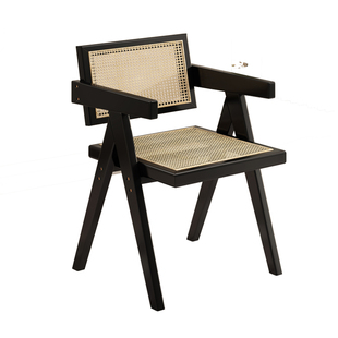 北欧实木藤编椅软包藤编椅餐椅侘寂风昌迪加尔椅家用中古风藤编椅