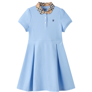 eland kids衣恋童装女童连衣裙春夏学院风格纹翻领百褶裙开学礼服