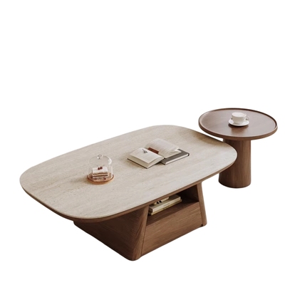 中古风胡桃木纹洞石岩板茶几组合