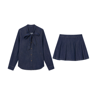 【设计师系列】Jamor加墨牛仔衬衫上衣系带百褶牛仔半裙两件套装