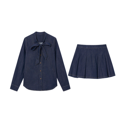 【设计师系列】Jamor加墨牛仔衬衫上衣系带百褶牛仔半裙两件套装