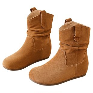 星期六复古堆堆靴子女内增高春褶皱西部勃肯靴绒面瘦瘦靴短靴