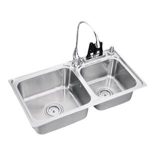 柔美不锈钢洗菜盆厨房双槽沥水蓝水龙头套餐7440沥水蓝刀架斜边