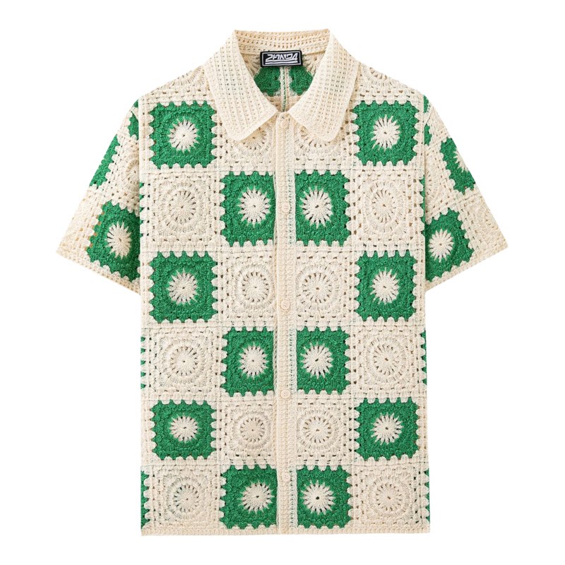 2026夏美式休闲格子撞色短袖针织衬衣男镂空开衫上衣Men's shirt