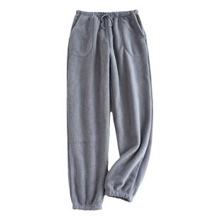 冬季情侣睡裤女加厚珊瑚绒雪粒绒男冬天保暖法兰绒收口束脚家居裤