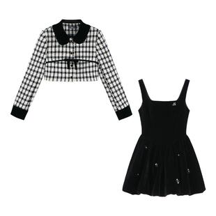 小香风黑色高腰花苞丝绒连衣裙女春装2025新款高级感法式格子外套