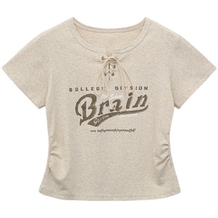 花吉B724碳灰色美式复古系带印花短款短袖T恤女2026新款夏上衣