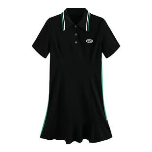 梵凯连衣裙2024夏POLO领黑色修身裙休闲轻潮度假风鱼尾摆连衣裙