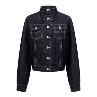 SREK春季新款复古工装牛仔外套女短款修身显瘦百搭黑色夹克外套