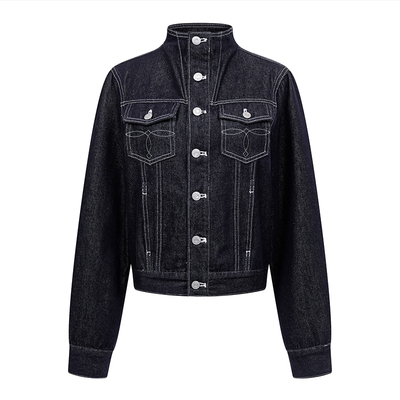 SREK春季新款复古工装牛仔外套女短款修身显瘦百搭黑色夹克外套