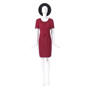 靓诺紫素色领口拼蕾丝无袖连衣裙LL15247A