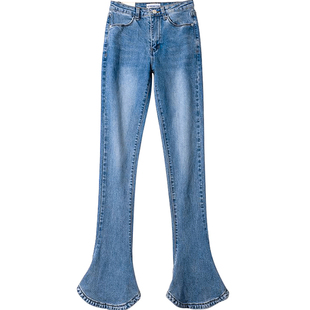 怪力酱 美式复古高腰微喇叭牛仔马蹄裤女春小个子修身紧身直筒裤