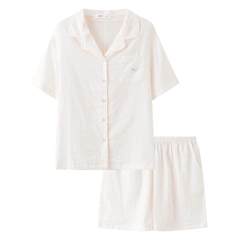 三福女夏季少女短袖纯棉睡衣套装奶油风撞色清新宽松家居服517805