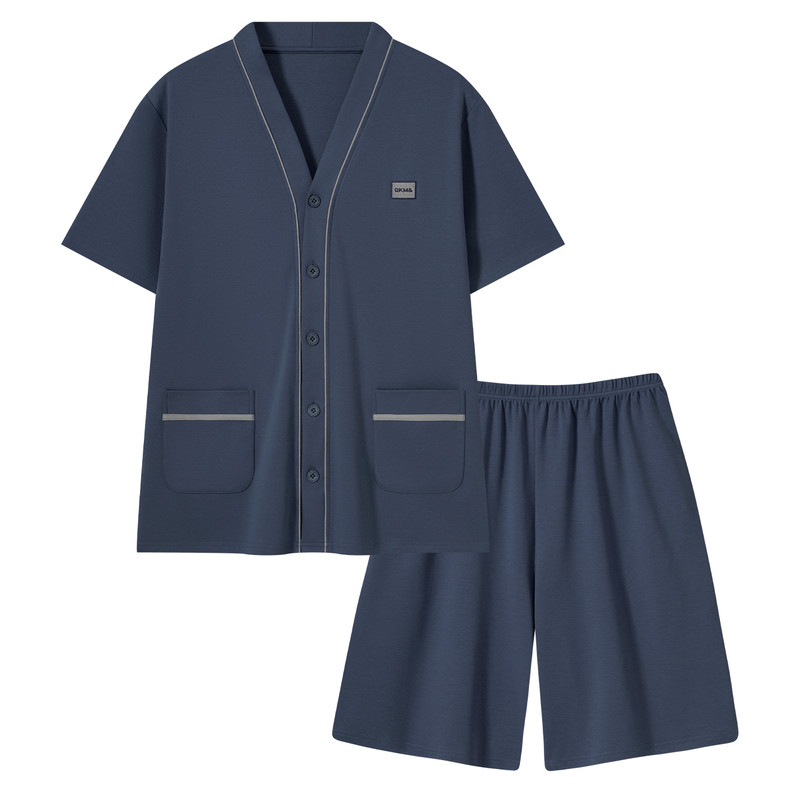 夏季纯棉V领开衫男大码家居服