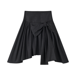 AXIS OF 灰色蝴蝶结不规则短裙女复古格纹百褶裙秋冬短款半身裙子