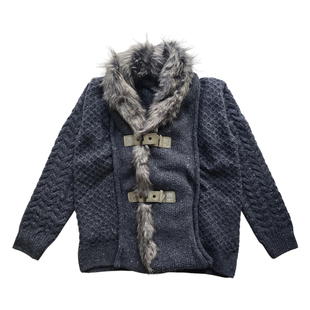 HYDROGEN毛领针织开衫男秋冬皮扣外套慵懒风毛衣外套保暖短款宽松