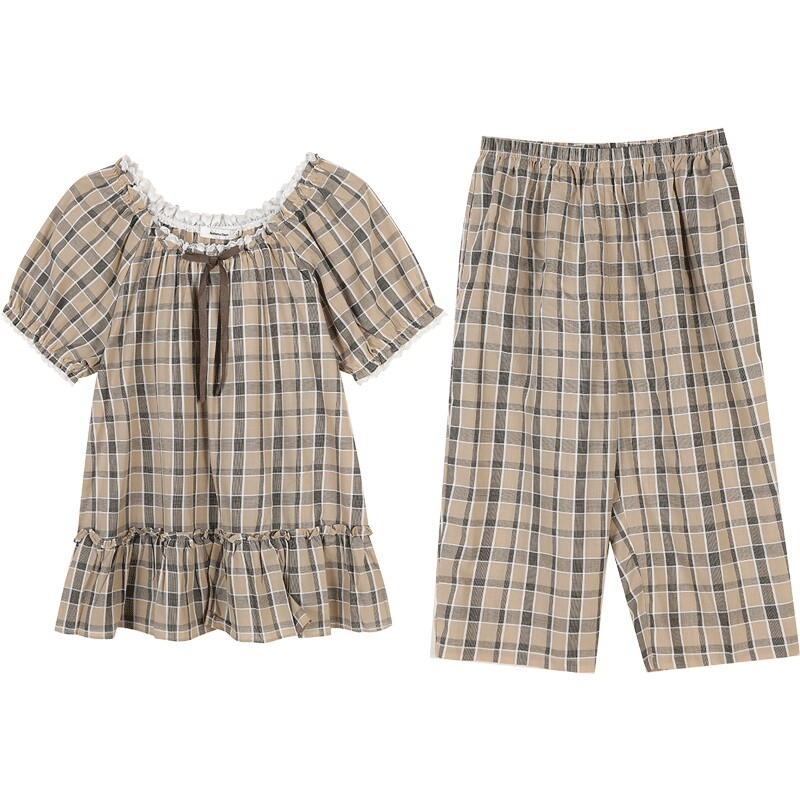 秋鹿【线下商场同款】格子夏季睡衣女纯棉短袖七分裤女生家居服夏