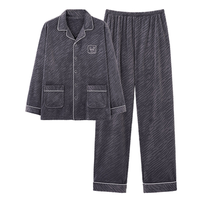 海岛绒睡衣男秋冬季加绒加厚长袖青中年男士加肥加大码家居服套装