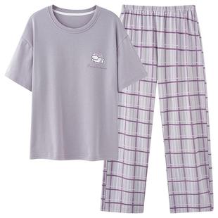 春秋款睡衣女夏季2025年新款纯棉短袖格子长裤薄款休闲家居服套装