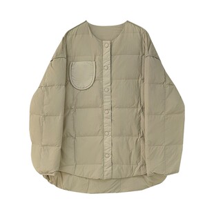 进口匈牙利白鸭绒无领羽绒服冬季女款2025新款宽松中长款圆领外套