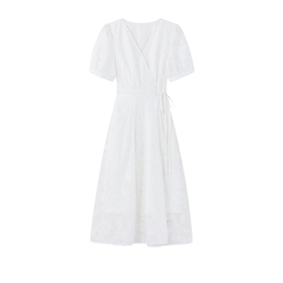 秋水伊人X型V领印花一片式绑带连衣裙2025年夏季新款女休闲中长裙