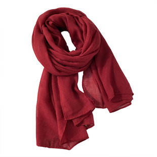 酒红色围巾女冬季棉麻春秋薄款韩系文艺百搭披肩两用纯色亚麻丝巾