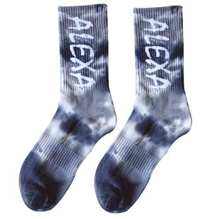 开明优品袜子男士中筒袜ins潮流扎染潮牌字母韩版学院风高帮长袜