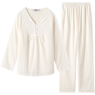 美标新款双层棉纱睡衣女长袖纯棉套装春秋季简约复古全棉家居服冬