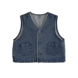 砚台家女水洗牛仔马甲2026春装新款儿童V领无袖背心外套宽松外搭