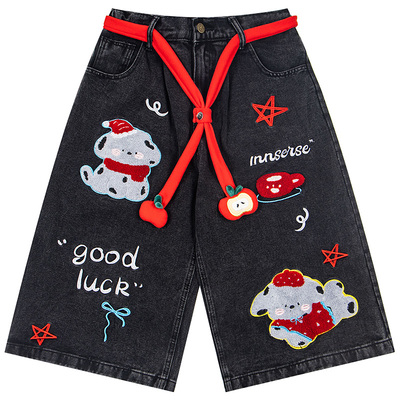 原创美式卡通毛巾刺绣七分牛仔裤