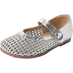 新款真皮平底鞋夏季镂空编织渔网洞洞鞋软底大码41到43凉鞋女皮鞋