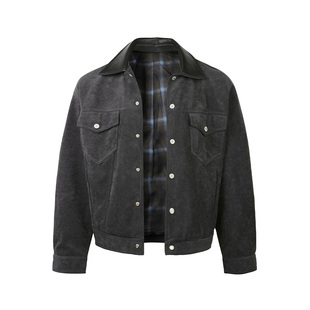 CoosRetro 美式潮牌男士水洗做旧擦色拼皮领夹克工装外套翻领上衣