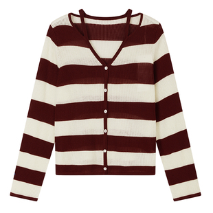 复古无花果条纹毛衣女MOFAN摩凡2025秋新款V领小心机设计感针织衫