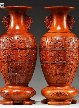 花梨木雕刻花瓶摆件汉式家居电视柜新中式花瓶装饰工艺品乔迁送礼