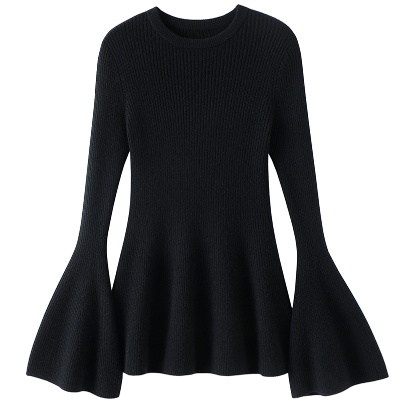 敲多色“古典式优雅”100%山羊绒衫喇叭袖坑条沙漏型修身针织上衣