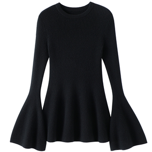 敲多色“古典式优雅”100%山羊绒衫喇叭袖坑条沙漏型修身针织上衣