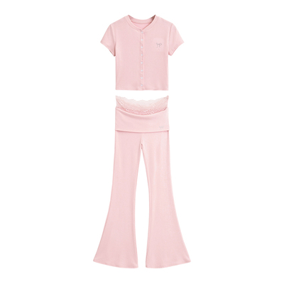 单排扣开衫蕾丝喇叭休闲长裤套装