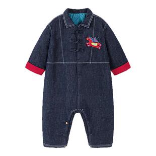 【泉水牛仔】迷你巴拉巴拉宝宝连体衣新生儿外出爬服秋冬新款